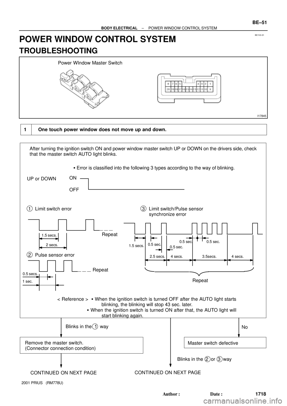 TOYOTA PRIUS 2001  Service Repair Manual BE1V2±01
I17845
Power WIndow Master Switch
1 One touch power window does not move up and down.
After turning the ignition switch ON and power window master switch UP or DOWN on the drivers side, chec