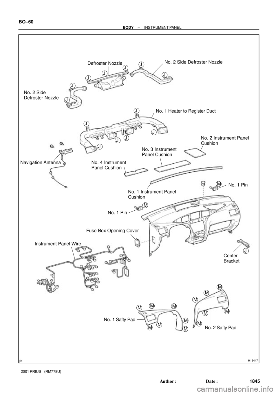 TOYOTA PRIUS 2001  Service Repair Manual H15447
Defroster Nozzle
J
J
JJ
J
J
J
No. 2 Side Defroster Nozzle
No. 2 Side 
Defroster Nozzle
No. 1 Heater to Register Duct
No. 2 Instrument Panel 
Cushion
No. 3 Instrument 
Panel Cushion
No. 4 Instru