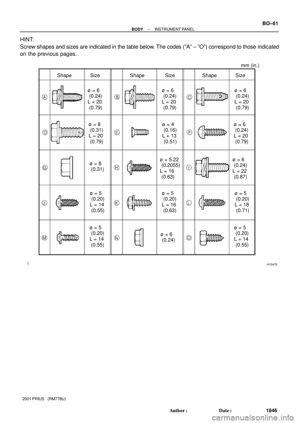 TOYOTA PRIUS 2001  Service Repair Manual H15475
mm (in.)
Size Shape SizeShape SizeShape
ù = 6
 (0.24) 
L = 20
 (0.79)
ù = 8
 (0.31) 
L = 20
 (0.79)ù = 4
 (0.16) 
L = 13
 (0.51)
ù = 5
 (0.20) 
L = 14
 (0.55)ù = 6
 (0.24) 
L = 22
 (0.87) 