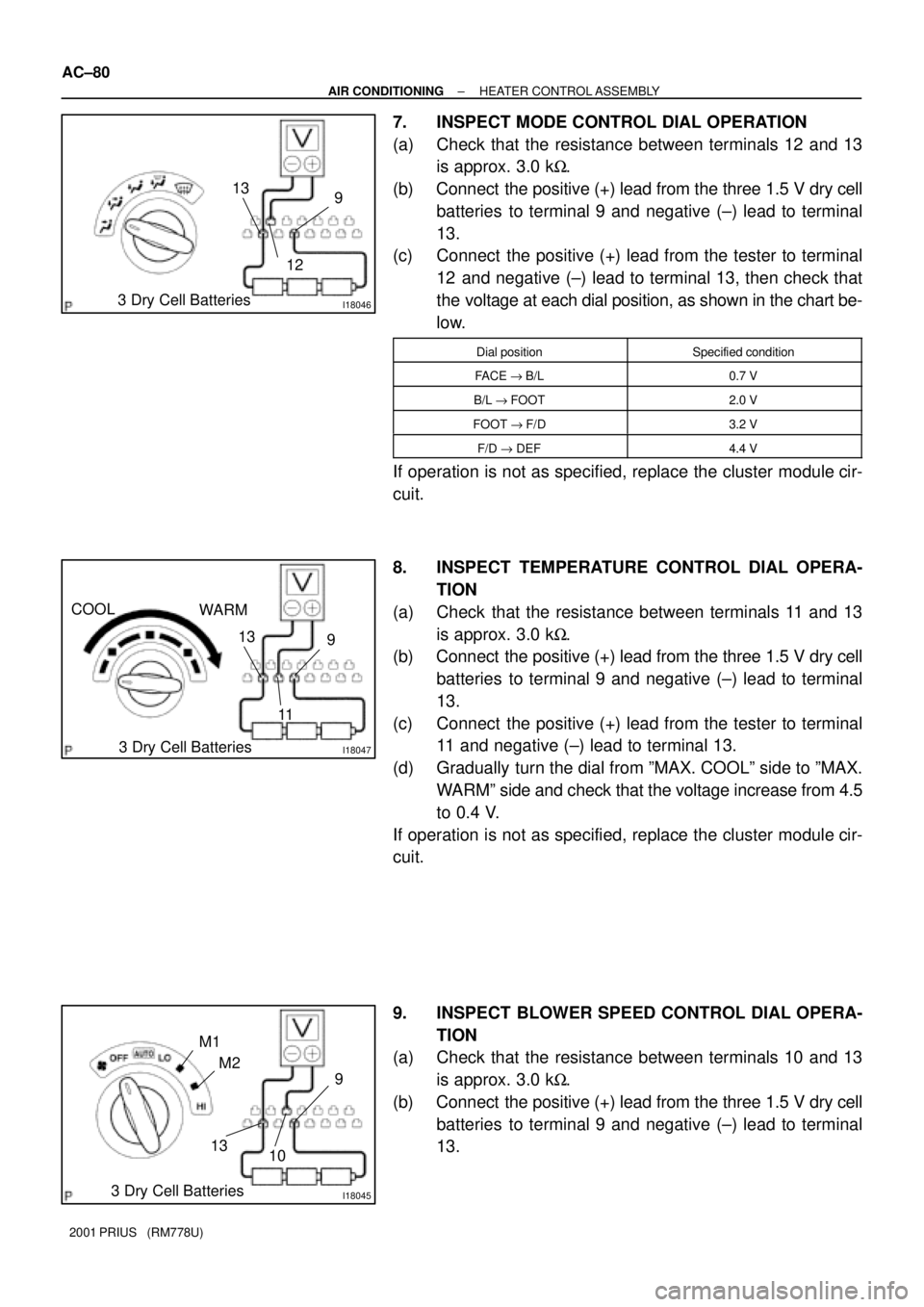 TOYOTA PRIUS 2001  Service Repair Manual I180463 Dry Cell Batteries9
12 13
I180473 Dry Cell Batteries9
11 13
COOL
WARM
I180453 Dry Cell Batteries9
10 13 M1
M2
AC±80
± AIR CONDITIONINGHEATER CONTROL ASSEMBLY
2001 PRIUS   (RM778U)
7. INSPECT