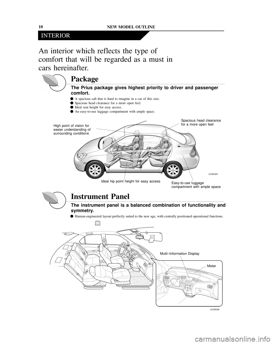 TOYOTA PRIUS 2001  Service Repair Manual NEW MODEL OUTLINE
INTERIOR
Easy-to-use luggage
compartment with ample space High point of vision for
easier understanding of
surrounding conditionsSpacious head clearance
for a more open feel
Ideal hi