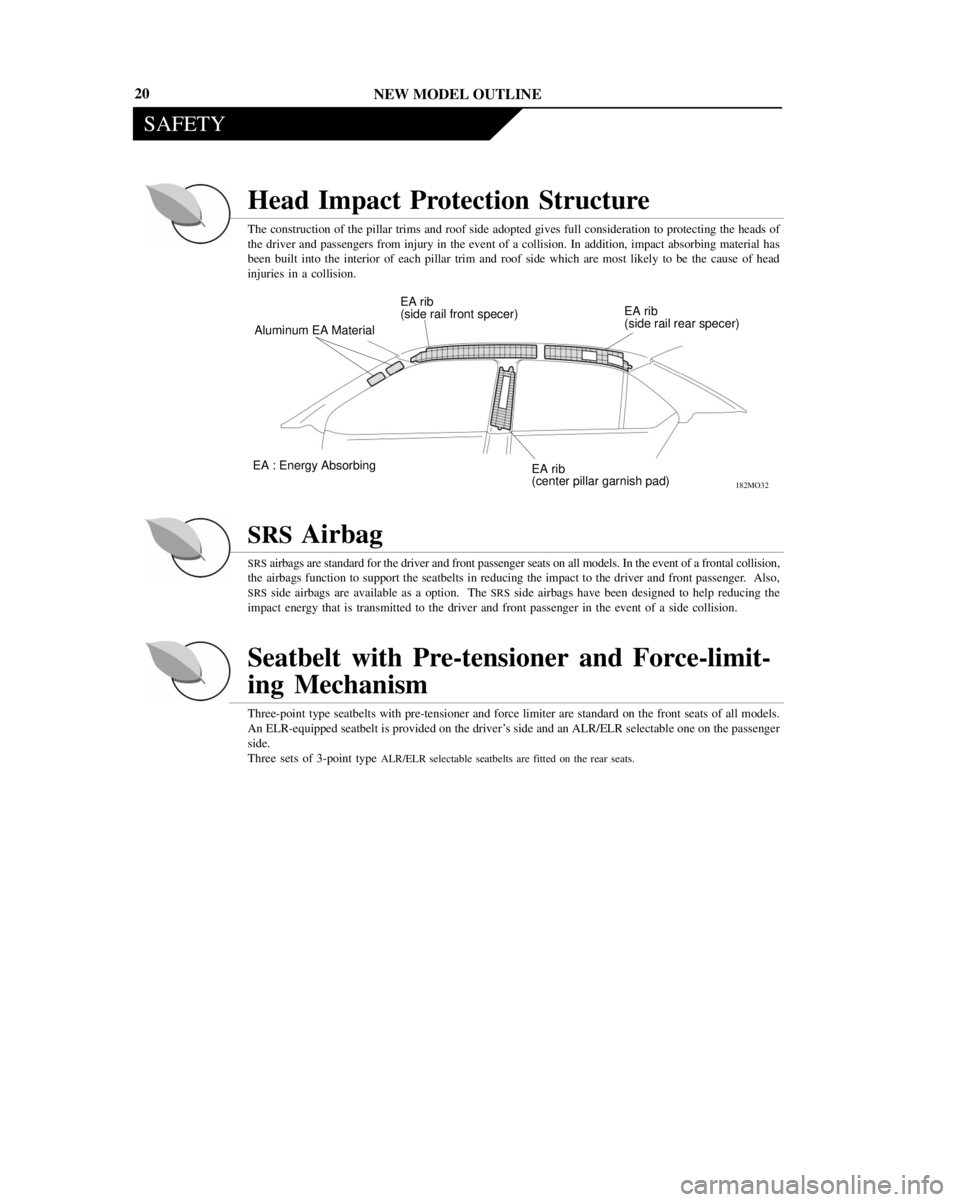 TOYOTA PRIUS 2001  Service Repair Manual NEW MODEL OUTLINE
SAFETY
182MO32
Aluminum EA Material
EA : Energy Absorbing
EA rib
(center pillar garnish pad) EA rib
(side rail front specer)EA rib
(side rail rear specer)
20
Head Impact Protection S