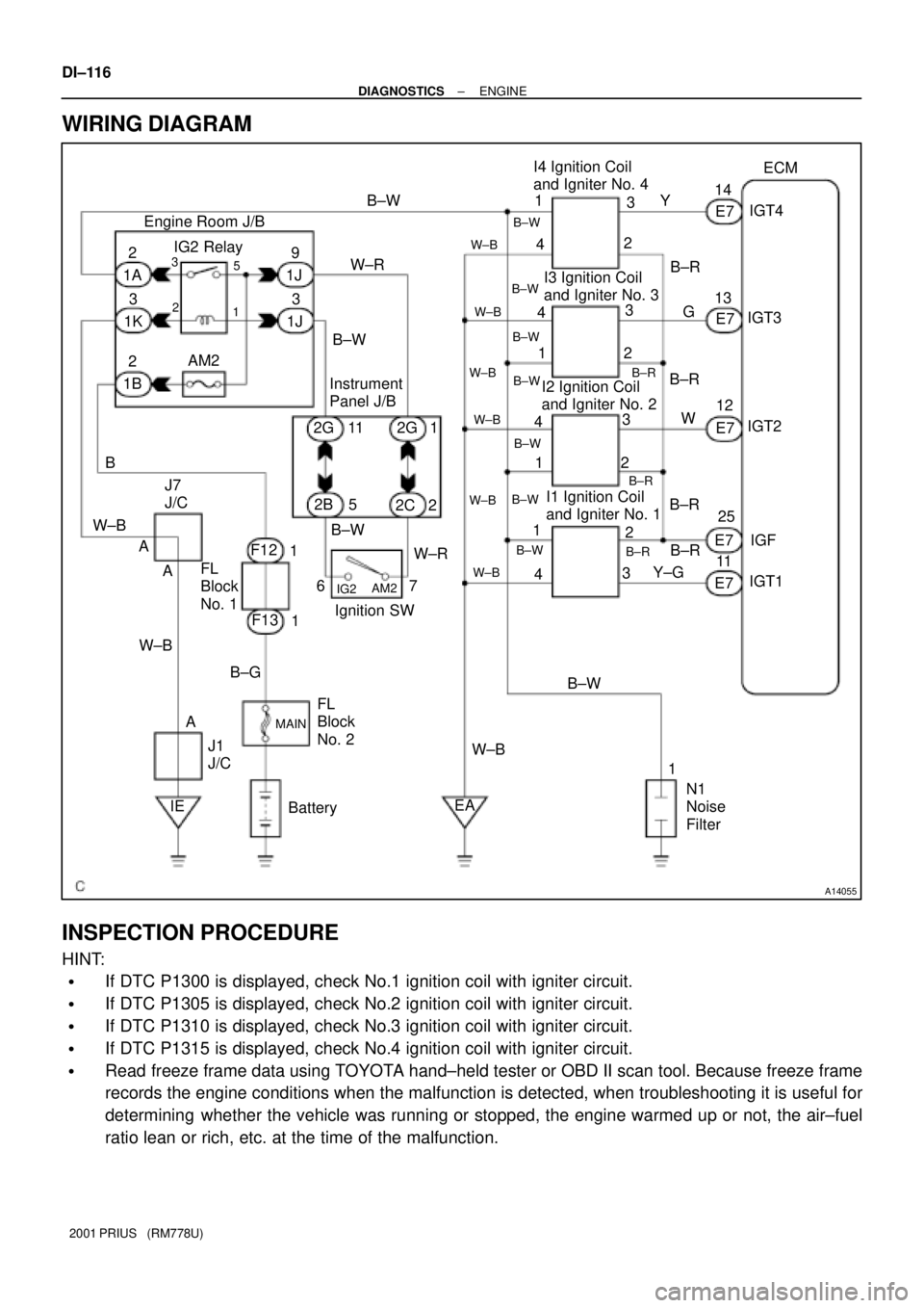 TOYOTA PRIUS 2001  Service Repair Manual A14055
BatteryEAN1
Noise
Filter Engine Room J/B
Ignition SW Instrument 
Panel J/B3
B±R I4 Ignition Coil
and Igniter No. 4
1ECM
14
Y
E7
E7
E7
E7 13
12
25IGT4
IGT3
IGT2
IGF
E711
IGT1 1
2
4
G
W
B±R
B±