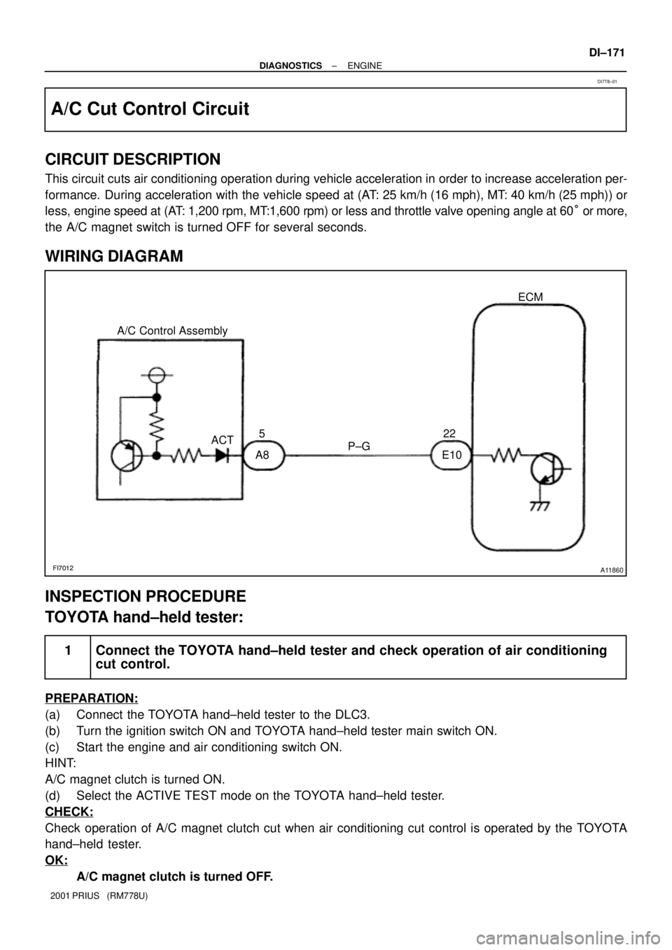 TOYOTA PRIUS 2001  Service Repair Manual FI7012A11860
P±G A/C Control Assembly
A8 E10522
ACTECM
± DIAGNOSTICSENGINE
DI±171
2001 PRIUS   (RM778U)
A/C Cut Control Circuit
CIRCUIT DESCRIPTION
This circuit cuts air conditioning operation duri