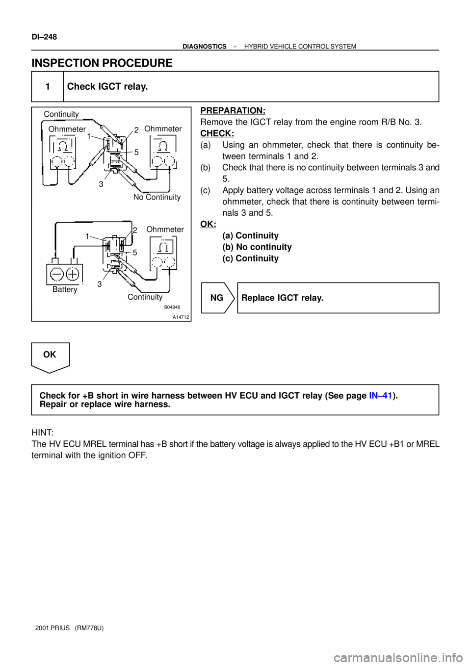 TOYOTA PRIUS 2001  Service Repair Manual S04947S04946
A14712
12
35
12
35
Ohmmeter
Battery Continuity
Ohmmeter
Ohmmeter
ContinuityNo Continuity
DI±248
± DIAGNOSTICSHYBRID VEHICLE CONTROL SYSTEM
2001 PRIUS   (RM778U)
INSPECTION PROCEDURE
1 C