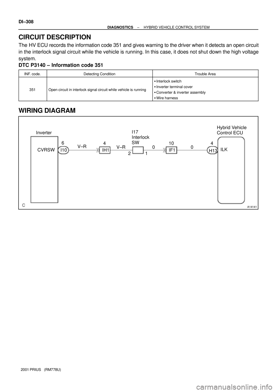 TOYOTA PRIUS 2001  Service Repair Manual A14141
Inverter
1 2 IH1 CVRSWHybrid Vehicle 
Control ECU
V±R
H13 10
ILK 6
4
004
IF1 V±R
I10I17 
Interlock 
SW DI±308
± DIAGNOSTICSHYBRID VEHICLE CONTROL SYSTEM
2001 PRIUS   (RM778U)
CIRCUIT DESCRI