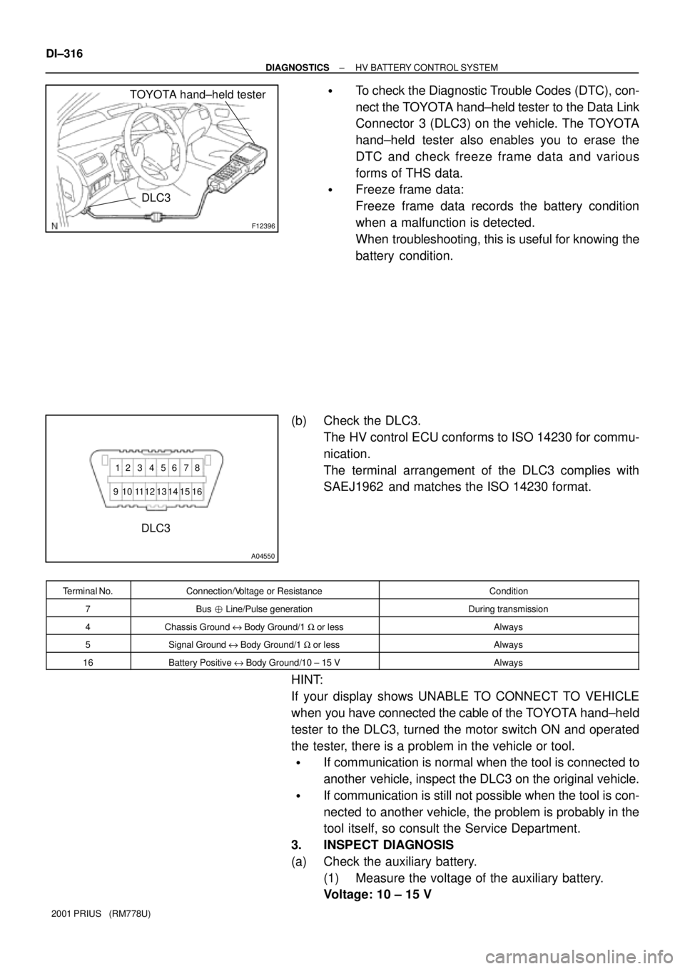 TOYOTA PRIUS 2001  Service Repair Manual F12396
DLC3
TOYOTA hand±held tester
A04550
DLC3
912 3 4 56 78
16 15 14 13 12 11 10
DI±316
± DIAGNOSTICSHV BATTERY CONTROL SYSTEM
2001 PRIUS   (RM778U)
To check the Diagnostic Trouble Codes (DTC), 