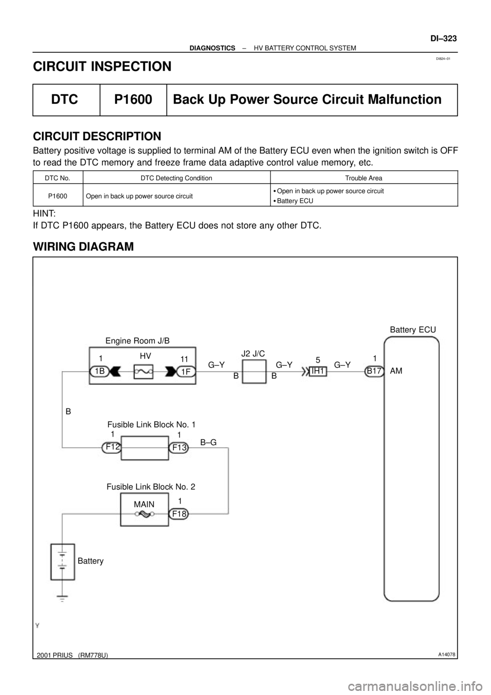 TOYOTA PRIUS 2001  Service Repair Manual DI824±01
A14078
Engine Room J/B
Fusible Link Block No. 1
Fusible Link Block No. 2
BatteryBattery ECU
1
1B
B
MAINB±GG±YJ2 J/C
11
1F
1
F121
F135
IH11
B17 HV
1
F18G±Y G±Y
BBAM
± DIAGNOSTICSHV BATTE