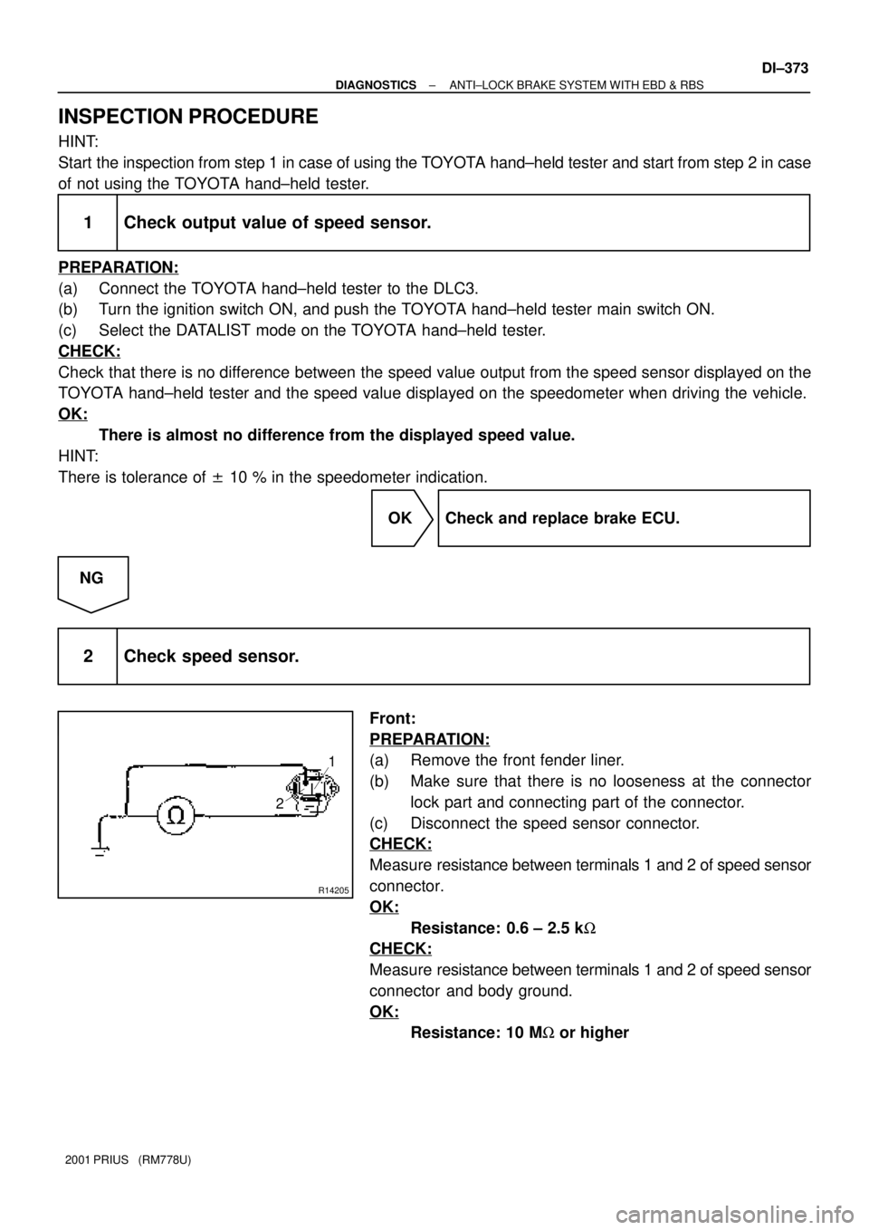 TOYOTA PRIUS 2001  Service Repair Manual R14205
1
2
± DIAGNOSTICSANTI±LOCK BRAKE SYSTEM WITH EBD & RBS
DI±373
2001 PRIUS   (RM778U)
INSPECTION PROCEDURE
HINT:
Start the inspection from step 1 in case of using the TOYOTA hand±held tester 