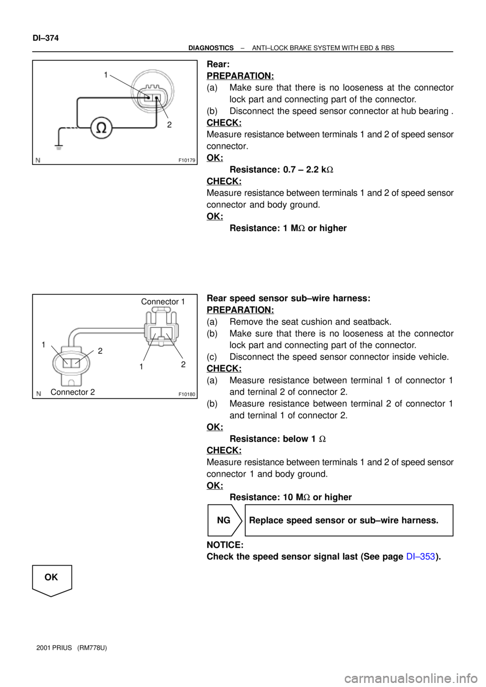 TOYOTA PRIUS 2001  Service Repair Manual F10179
1
2
F10180
Connector 1
12
Connector 2
1
2
DI±374
± DIAGNOSTICSANTI±LOCK BRAKE SYSTEM WITH EBD & RBS
2001 PRIUS   (RM778U)
Rear:
PREPARATION:
(a) Make sure that there is no looseness at the c
