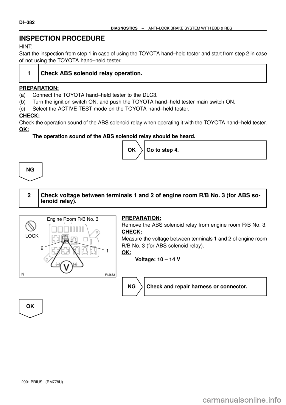 TOYOTA PRIUS 2001  Service Repair Manual F12662
LOCK
1 2
Engine Room R/B No. 3
DI±382
± DIAGNOSTICSANTI±LOCK BRAKE SYSTEM WITH EBD & RBS
2001 PRIUS   (RM778U)
INSPECTION PROCEDURE
HINT:
Start the inspection from step 1 in case of using th