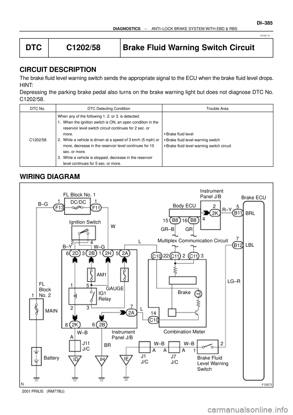 TOYOTA PRIUS 2001  Service Repair Manual F12673
B±G
F111
L4 Instrument 
Panel J/B
DC/DC FL Block No. 1
3
Brake
Combination Meter
W±B
Brake Fluid 
Level Warning 
Switch7Brake ECU
LBL
C11
J7 
J/C AM1162K
IE 2A
ID22B11
WR±Y
MAINLG±R
12
14
A