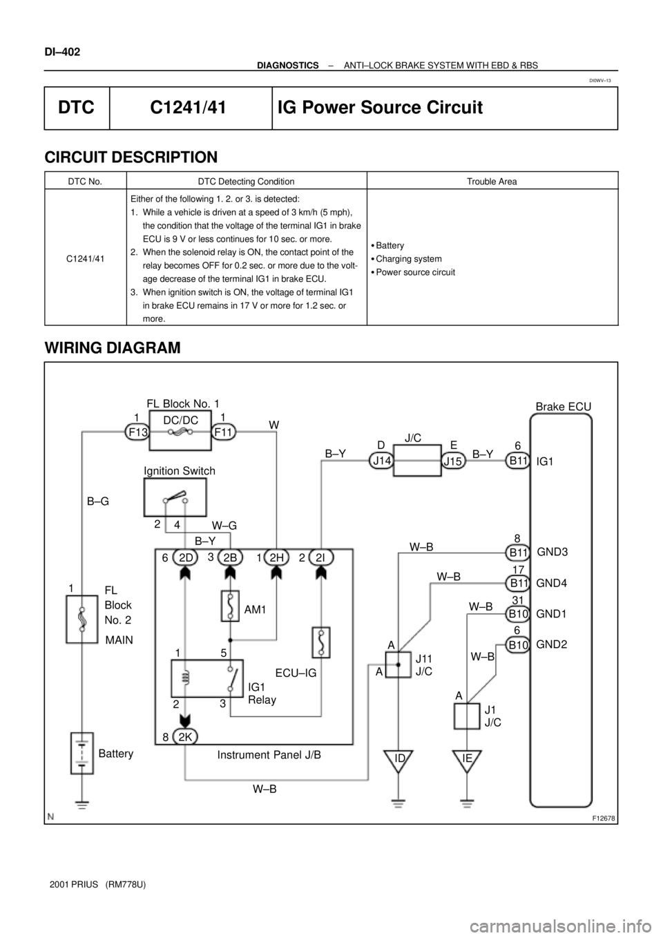 TOYOTA PRIUS 2001  Service Repair Manual F12678
Ignition SwitchFL Block No. 1
BatteryB±Y
2 4
W±B
W±B
W±B J15
6 1
IG1
GND3
GND1 GND4 DC/DC
AM1
ECU±IG
IDJ/C
A
A AW±B
GND2
B10 F131
12
2B 1 B±G
IEBrake ECU
817 W±GW
Instrument Panel J/B31