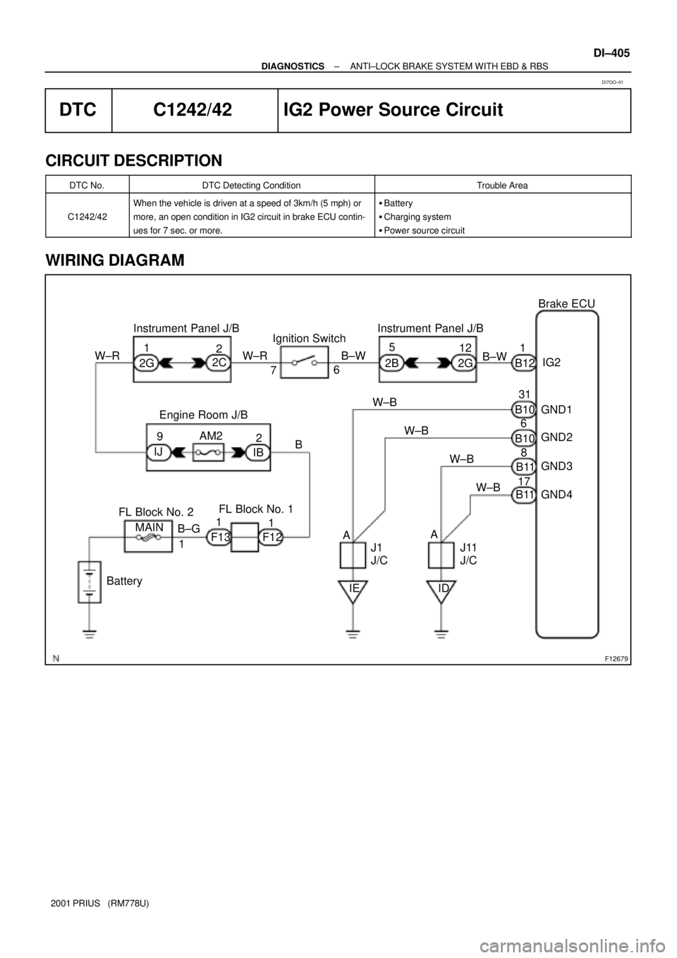 TOYOTA PRIUS 2001  Service Repair Manual F12679
Ignition Switch
2W±B
W±B 6
1IG2
GND3 GND1
GND4 AM2
W±BGND2
B10
F131 2
2B
7 1
B±GBrake ECU
17 W±R
31 2G
IJ2C
F12 MAINB11 B12
B11 B101
6
8 12
B±W
BatteryW±B
IEA
A
ID Instrument Panel J/B
J