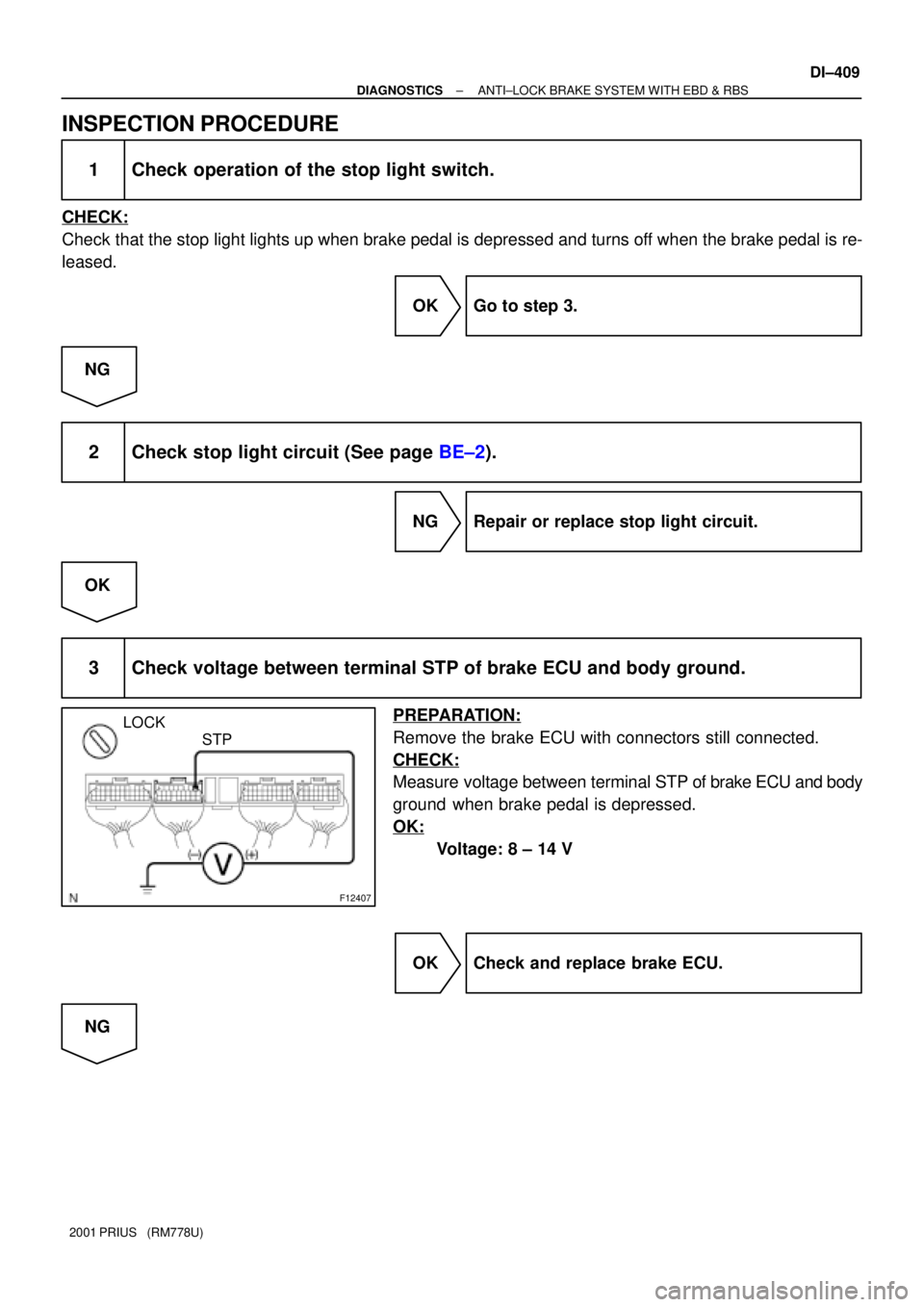 TOYOTA PRIUS 2001  Service Repair Manual F12407
LOCK
STP
± DIAGNOSTICSANTI±LOCK BRAKE SYSTEM WITH EBD & RBS
DI±409
2001 PRIUS   (RM778U)
INSPECTION PROCEDURE
1 Check operation of the stop light switch.
CHECK:
Check that the stop light lig