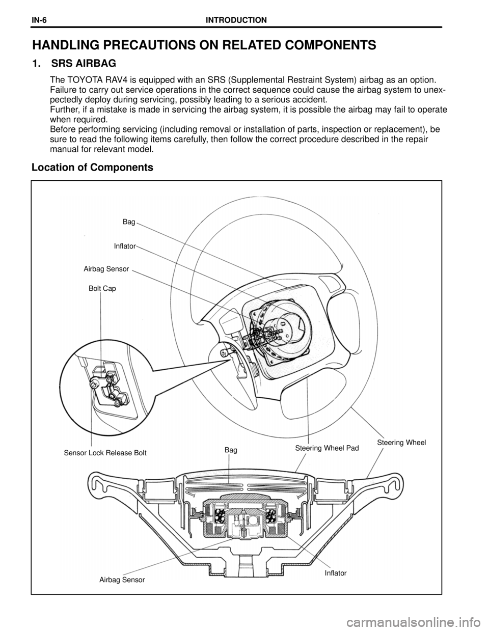 TOYOTA RAV4 1996  Service Repair Manual Airbag SensorInflator Sensor Lock Release BoltBagSteering Wheel PadSteering Wheel Bolt Cap Airbag SensorInflatorBag
HANDLING PRECAUTIONS ON RELATED COMPONENTS
1. SRS AIRBAG
The TOYOTA RAV4 is equipped
