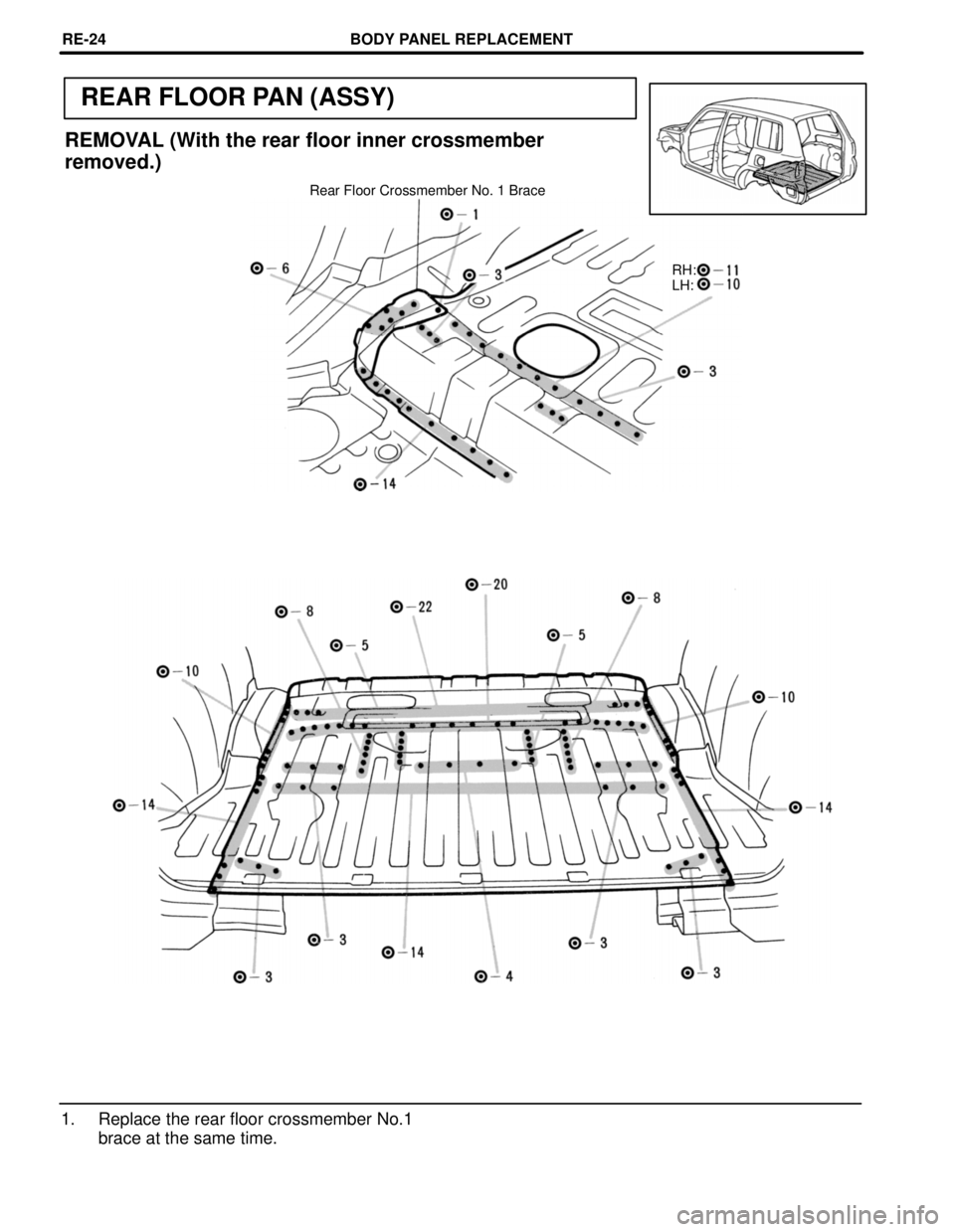 TOYOTA RAV4 1996  Service Repair Manual REAR FLOOR PAN (ASSY)
Rear Floor Crossmember No. 1 Brace
REMOVAL (With the rear floor inner crossmember
removed.)
RH:
LH:
1. Replace the rear floor crossmember No.1
brace at the same time.
BODY PANEL 