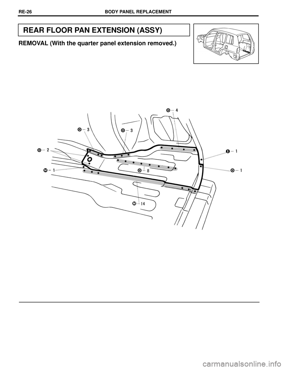 TOYOTA RAV4 1996  Service Repair Manual REAR FLOOR PAN EXTENSION (ASSY)
REMOVAL (With the quarter panel extension removed.)
BODY PANEL REPLACEMENTREœ26 