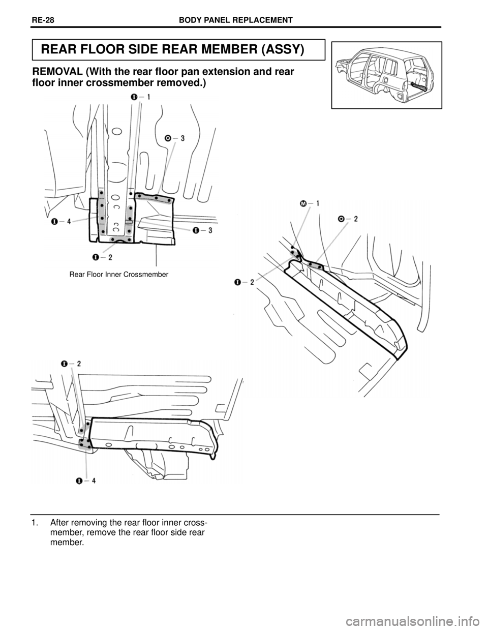 TOYOTA RAV4 1996  Service Repair Manual REAR FLOOR SIDE REAR MEMBER (ASSY)
REMOVAL (With the rear floor pan extension and rear
floor inner crossmember removed.)
Rear Floor Inner Crossmember
1. After removing the rear floor inner crossœ
mem
