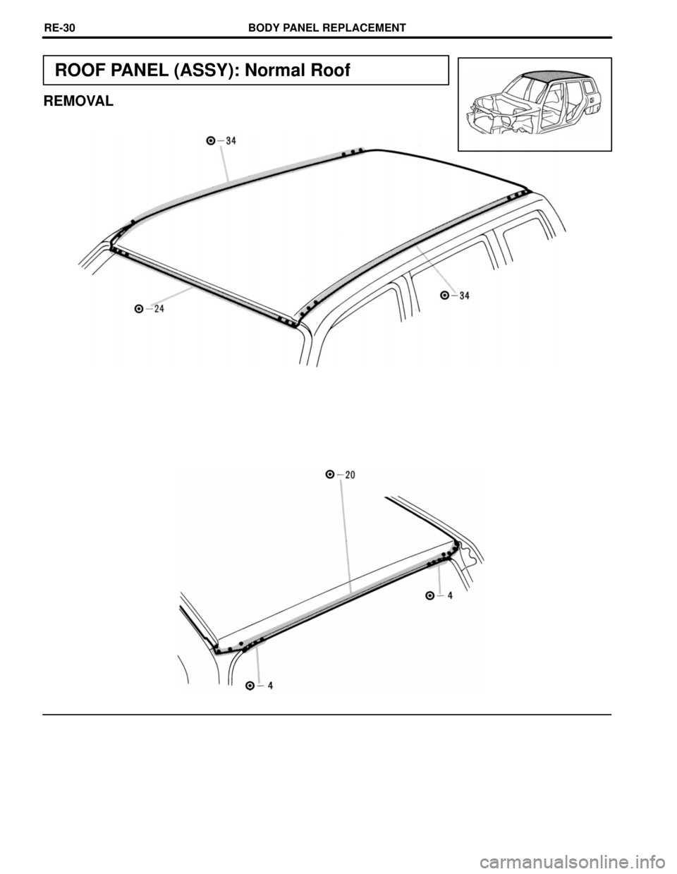TOYOTA RAV4 1996  Service Repair Manual ROOF PANEL (ASSY): Normal Roof
REMOVAL
BODY PANEL REPLACEMENTREœ30 