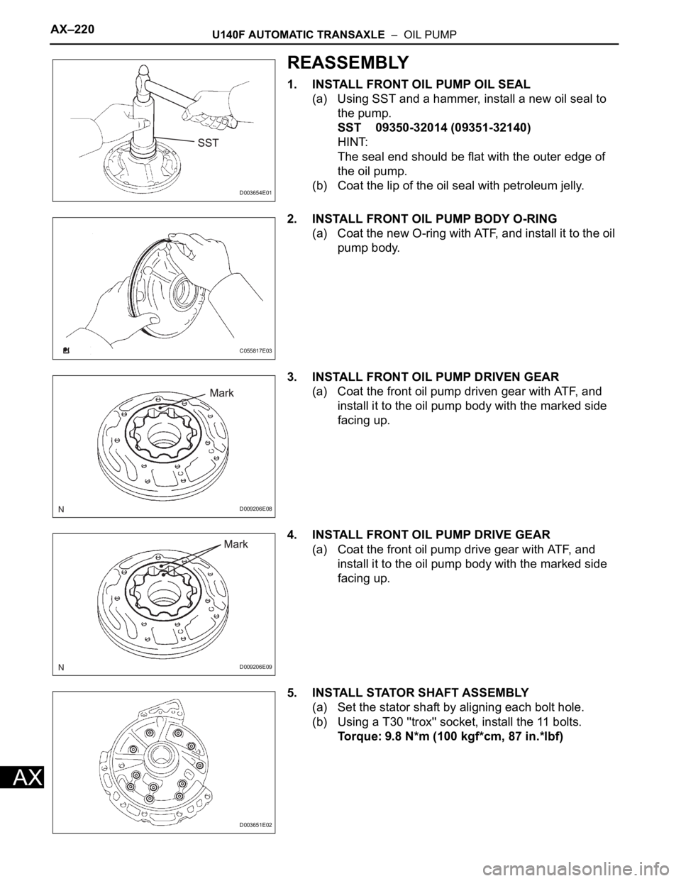 TOYOTA RAV4 2006  Service Repair Manual AX–220U140F AUTOMATIC TRANSAXLE  –  OIL PUMP
AX
REASSEMBLY
1. INSTALL FRONT OIL PUMP OIL SEAL
(a) Using SST and a hammer, install a new oil seal to 
the pump.
SST 09350-32014 (09351-32140)
HINT:
T
