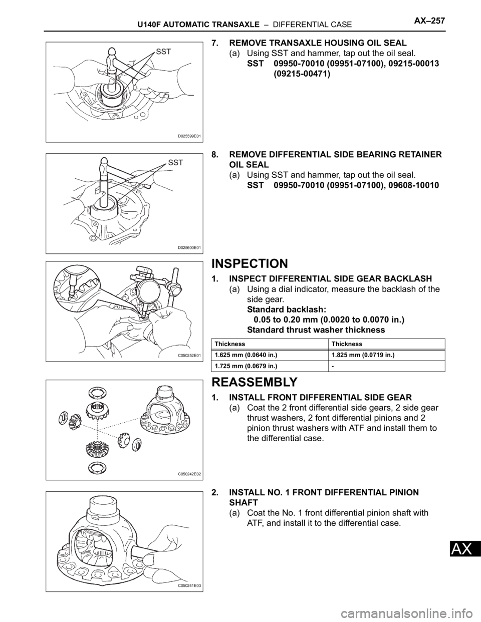 TOYOTA RAV4 2006  Service Repair Manual U140F AUTOMATIC TRANSAXLE  –  DIFFERENTIAL CASEAX–257
AX
7. REMOVE TRANSAXLE HOUSING OIL SEAL
(a) Using SST and hammer, tap out the oil seal.
SST 09950-70010 (09951-07100), 09215-00013 
(09215-004