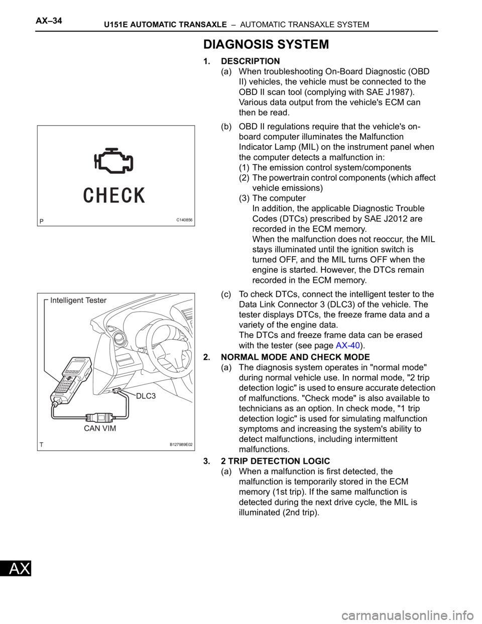 TOYOTA RAV4 2006  Service Repair Manual AX–34U151E AUTOMATIC TRANSAXLE  –  AUTOMATIC TRANSAXLE SYSTEM
AX
DIAGNOSIS SYSTEM
1. DESCRIPTION
(a) When troubleshooting On-Board Diagnostic (OBD 
II) vehicles, the vehicle must be connected to t