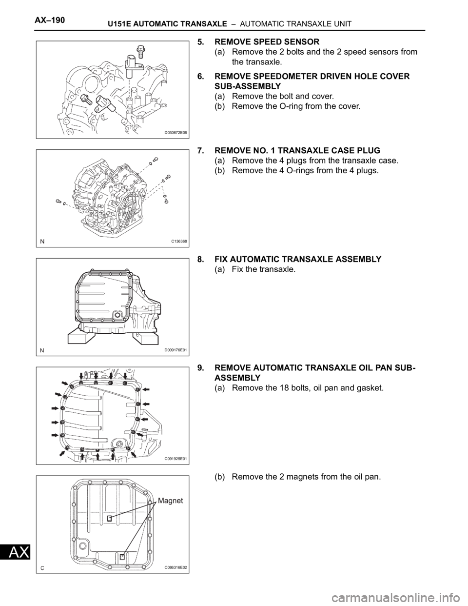 TOYOTA RAV4 2006  Service Repair Manual AX–190U151E AUTOMATIC TRANSAXLE  –  AUTOMATIC TRANSAXLE UNIT
AX
5. REMOVE SPEED SENSOR
(a) Remove the 2 bolts and the 2 speed sensors from 
the transaxle.
6. REMOVE SPEEDOMETER DRIVEN HOLE COVER 

