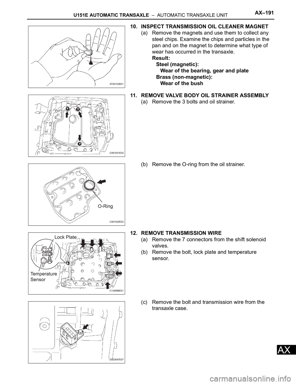 TOYOTA RAV4 2006  Service Repair Manual U151E AUTOMATIC TRANSAXLE  –  AUTOMATIC TRANSAXLE UNITAX–191
AX
10. INSPECT TRANSMISSION OIL CLEANER MAGNET
(a) Remove the magnets and use them to collect any 
steel chips. Examine the chips and p
