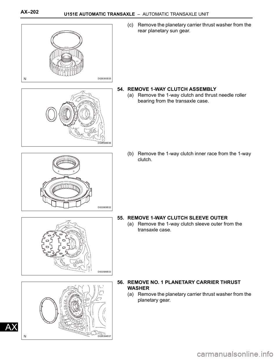TOYOTA RAV4 2006  Service Repair Manual AX–202U151E AUTOMATIC TRANSAXLE  –  AUTOMATIC TRANSAXLE UNIT
AX
(c) Remove the planetary carrier thrust washer from the 
rear planetary sun gear.
54. REMOVE 1-WAY CLUTCH ASSEMBLY
(a) Remove the 1-
