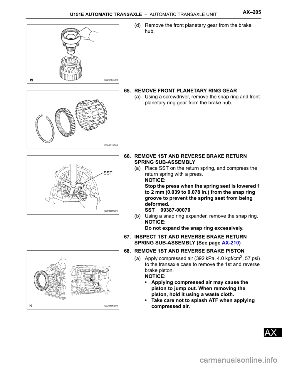 TOYOTA RAV4 2006  Service Repair Manual U151E AUTOMATIC TRANSAXLE  –  AUTOMATIC TRANSAXLE UNITAX–205
AX
(d) Remove the front planetary gear from the brake 
hub.
65. REMOVE FRONT PLANETARY RING GEAR
(a) Using a screwdriver, remove the sn