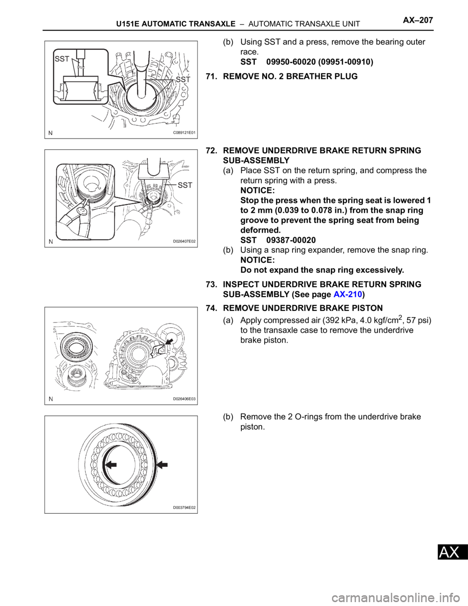 TOYOTA RAV4 2006  Service Repair Manual U151E AUTOMATIC TRANSAXLE  –  AUTOMATIC TRANSAXLE UNITAX–207
AX
(b) Using SST and a press, remove the bearing outer 
race.
SST 09950-60020 (09951-00910)
71. REMOVE NO. 2 BREATHER PLUG
72. REMOVE U