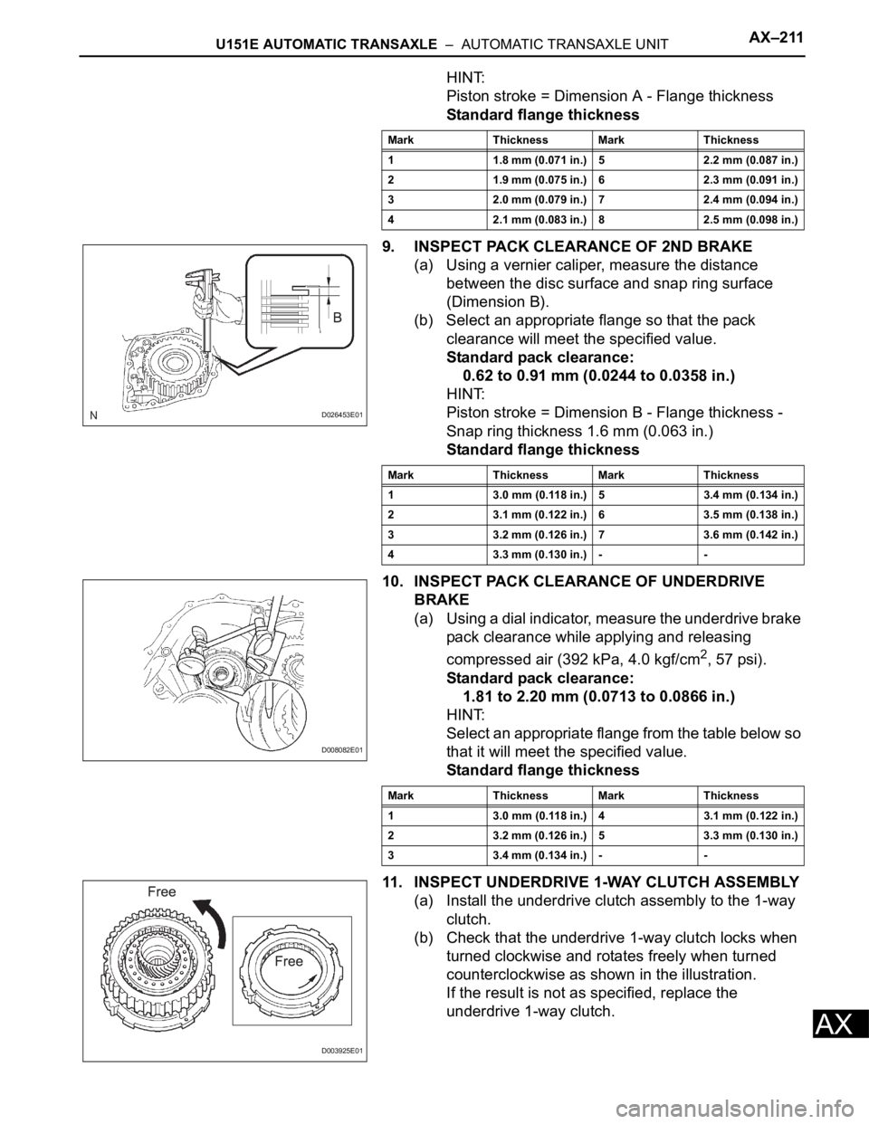 TOYOTA RAV4 2006  Service Repair Manual U151E AUTOMATIC TRANSAXLE  –  AUTOMATIC TRANSAXLE UNITAX–211
AX
HINT:
Piston stroke = Dimension A - Flange thickness
Standard flange thickness
9. INSPECT PACK CLEARANCE OF 2ND BRAKE
(a) Using a ve