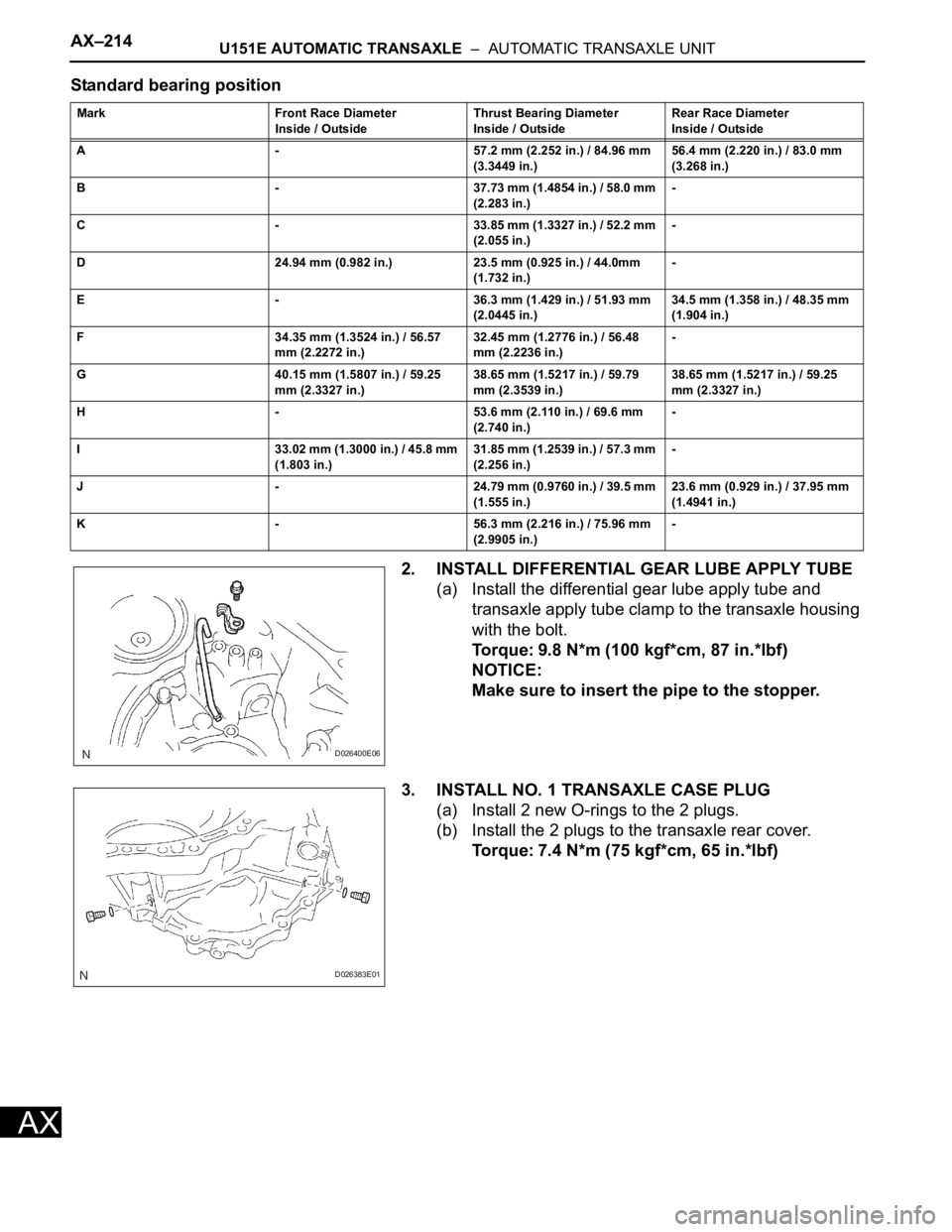 TOYOTA RAV4 2006  Service Repair Manual AX–214U151E AUTOMATIC TRANSAXLE  –  AUTOMATIC TRANSAXLE UNIT
AX
Standard bearing position
2. INSTALL DIFFERENTIAL GEAR LUBE APPLY TUBE
(a) Install the differential gear lube apply tube and 
transa