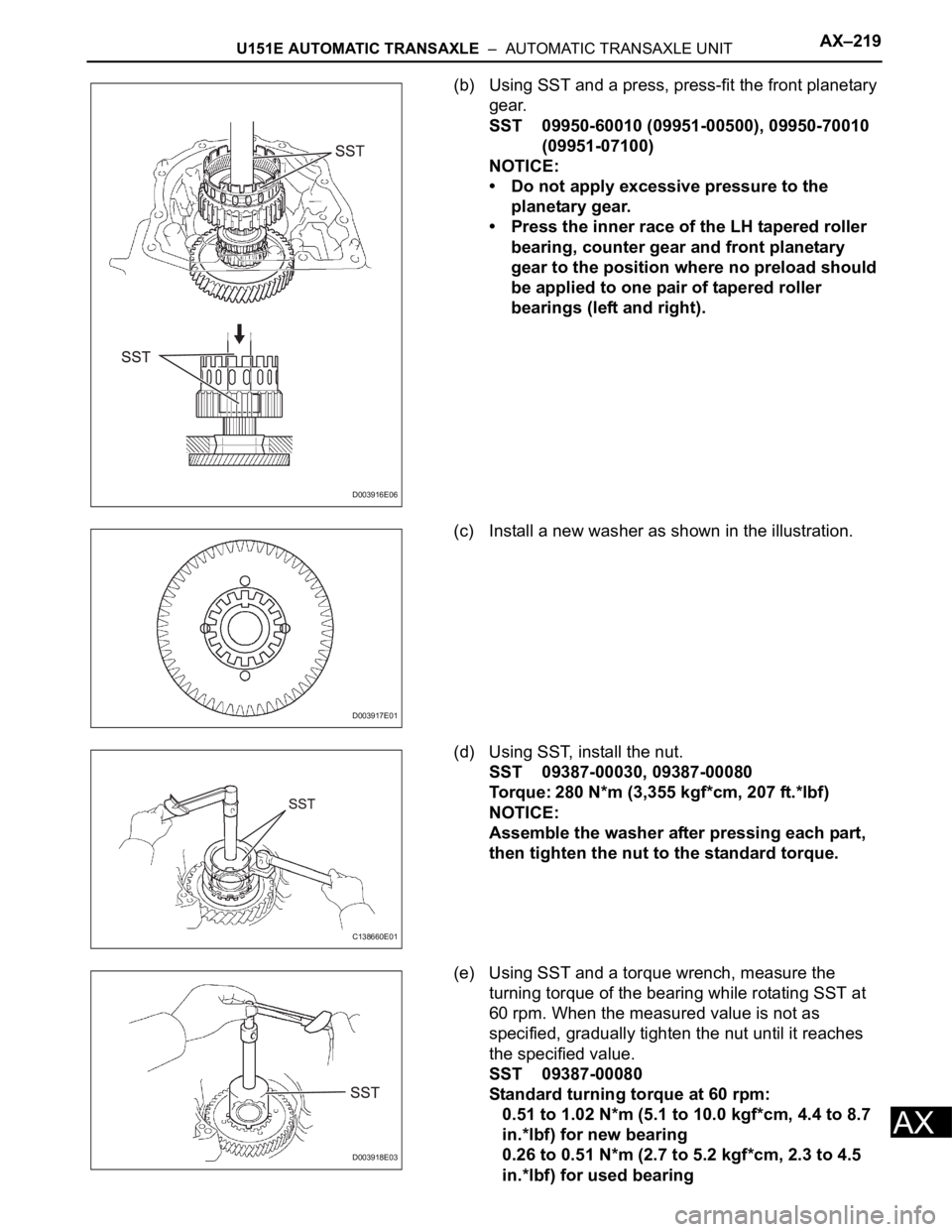 TOYOTA RAV4 2006  Service Repair Manual U151E AUTOMATIC TRANSAXLE  –  AUTOMATIC TRANSAXLE UNITAX–219
AX
(b) Using SST and a press, press-fit the front planetary 
gear.
SST 09950-60010 (09951-00500), 09950-70010 
(09951-07100)
NOTICE:

