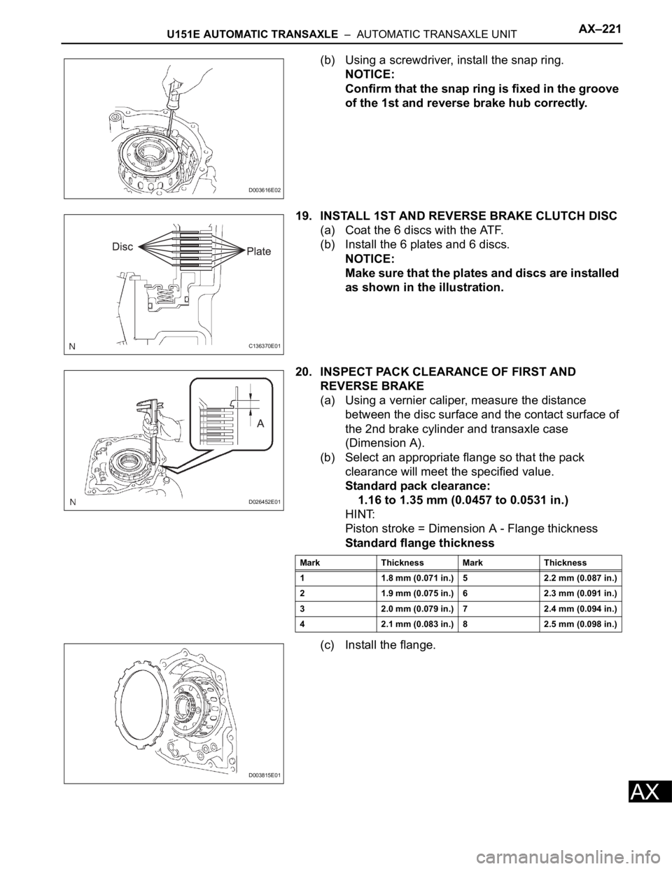 TOYOTA RAV4 2006  Service Repair Manual U151E AUTOMATIC TRANSAXLE  –  AUTOMATIC TRANSAXLE UNITAX–221
AX
(b) Using a screwdriver, install the snap ring.
NOTICE:
Confirm that the snap ring is fixed in the groove 
of the 1st and reverse br