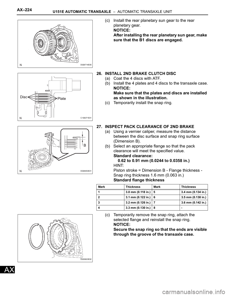 TOYOTA RAV4 2006  Service Repair Manual AX–224U151E AUTOMATIC TRANSAXLE  –  AUTOMATIC TRANSAXLE UNIT
AX
(c) Install the rear planetary sun gear to the rear 
planetary gear.
NOTICE:
After installing the rear planetary sun gear, make 
sur
