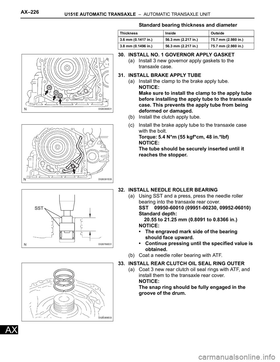 TOYOTA RAV4 2006  Service Repair Manual AX–226U151E AUTOMATIC TRANSAXLE  –  AUTOMATIC TRANSAXLE UNIT
AX
Standard bearing thickness and diameter
30. INSTALL NO. 1 GOVERNOR APPLY GASKET
(a) Install 3 new governor apply gaskets to the 
tra