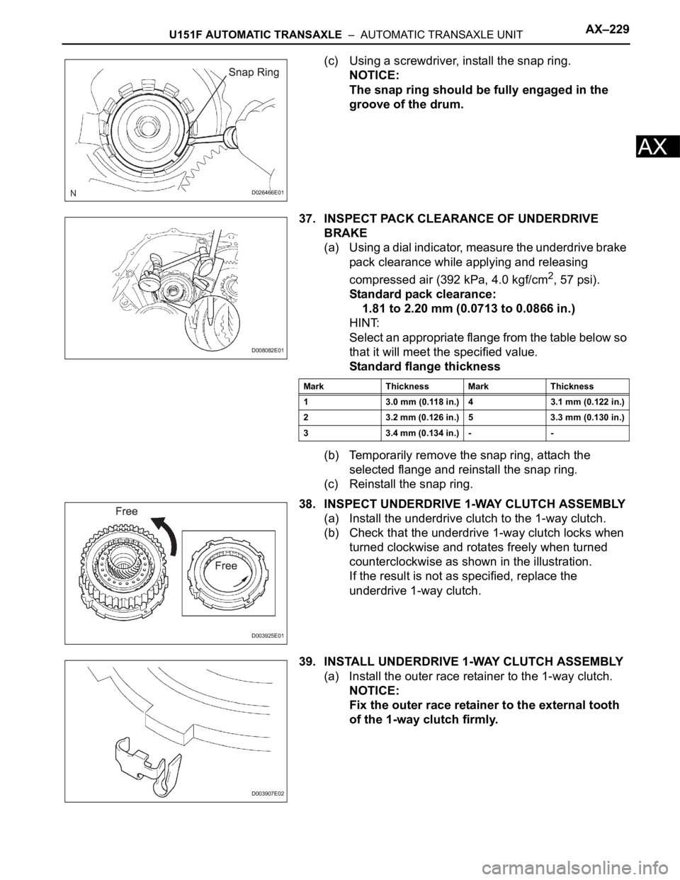 TOYOTA RAV4 2006  Service Repair Manual U151F AUTOMATIC TRANSAXLE  –  AUTOMATIC TRANSAXLE UNITAX–229
AX
(c) Using a screwdriver, install the snap ring.
NOTICE:
The snap ring should be fully engaged in the 
groove of the drum.
37. INSPEC