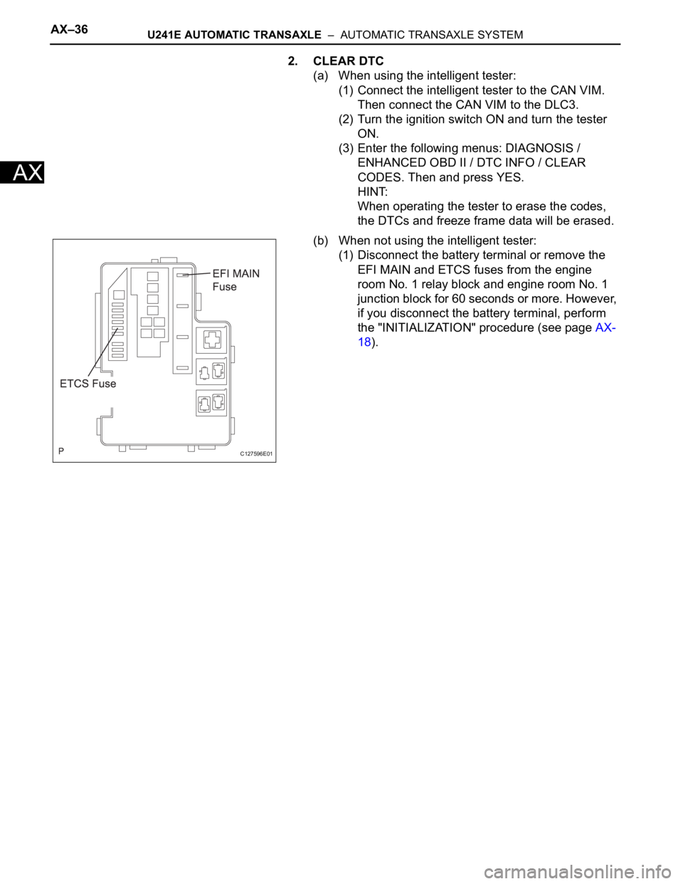 TOYOTA RAV4 2006  Service Repair Manual AX–36U241E AUTOMATIC TRANSAXLE  –  AUTOMATIC TRANSAXLE SYSTEM
AX
2. CLEAR DTC
(a) When using the intelligent tester:
(1) Connect the intelligent tester to the CAN VIM. 
Then connect the CAN VIM to