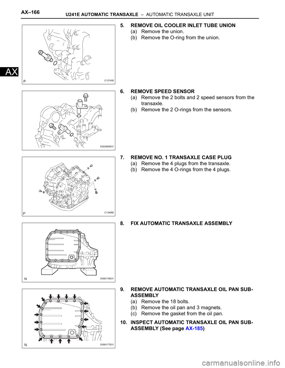 TOYOTA RAV4 2006  Service Repair Manual AX–166U241E AUTOMATIC TRANSAXLE  –  AUTOMATIC TRANSAXLE UNIT
AX
5. REMOVE OIL COOLER INLET TUBE UNION
(a) Remove the union.
(b) Remove the O-ring from the union.
6. REMOVE SPEED SENSOR
(a) Remove 