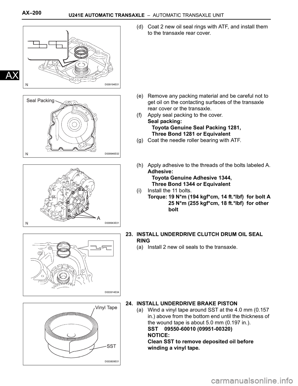TOYOTA RAV4 2006  Service Repair Manual AX–200U241E AUTOMATIC TRANSAXLE  –  AUTOMATIC TRANSAXLE UNIT
AX
(d) Coat 2 new oil seal rings with ATF, and install them 
to the transaxle rear cover.
(e) Remove any packing material and be carefu