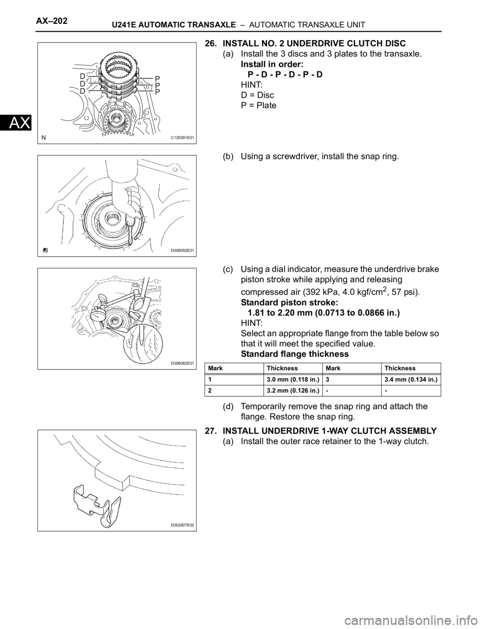 TOYOTA RAV4 2006  Service Repair Manual AX–202U241E AUTOMATIC TRANSAXLE  –  AUTOMATIC TRANSAXLE UNIT
AX
26. INSTALL NO. 2 UNDERDRIVE CLUTCH DISC
(a) Install the 3 discs and 3 plates to the transaxle.
Install in order:
P - D - P - D - P 