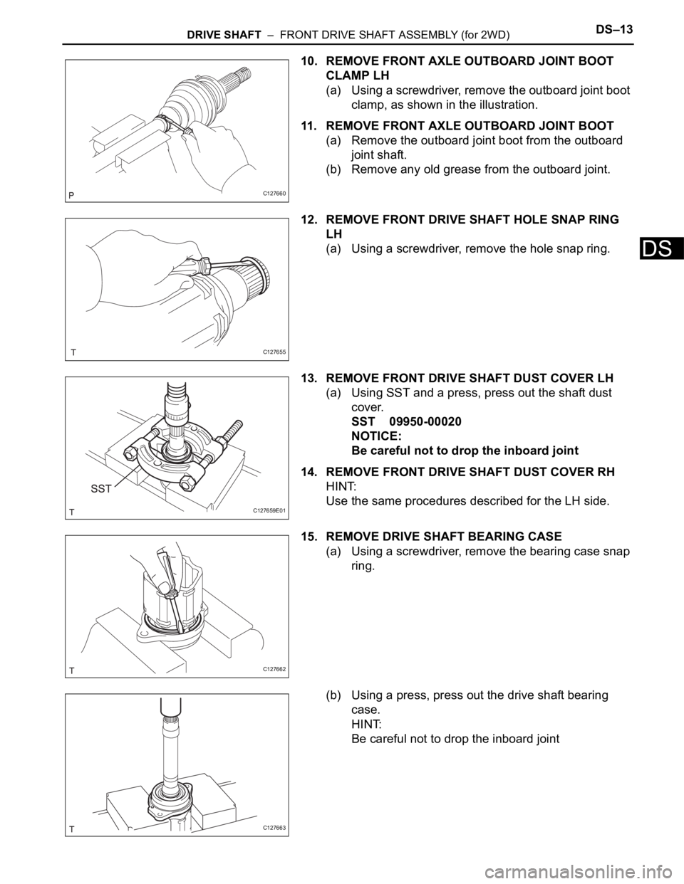 TOYOTA RAV4 2006  Service Repair Manual DRIVE SHAFT  –  FRONT DRIVE SHAFT ASSEMBLY (for 2WD)DS–13
DS
10. REMOVE FRONT AXLE OUTBOARD JOINT BOOT 
CLAMP LH
(a) Using a screwdriver, remove the outboard joint boot 
clamp, as shown in the ill