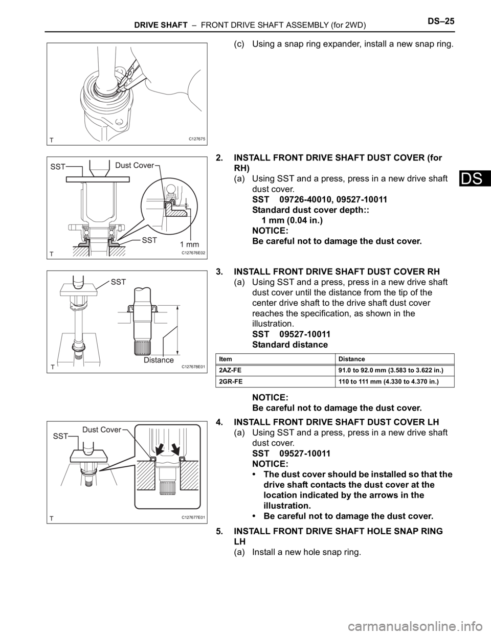TOYOTA RAV4 2006  Service Repair Manual DRIVE SHAFT  –  FRONT DRIVE SHAFT ASSEMBLY (for 2WD)DS–25
DS
(c) Using a snap ring expander, install a new snap ring.
2. INSTALL FRONT DRIVE SHAFT DUST COVER (for 
RH)
(a) Using SST and a press, p
