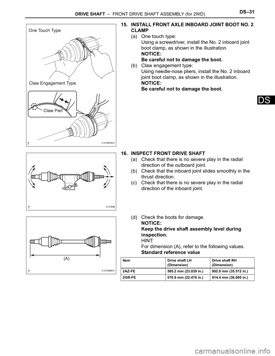 TOYOTA RAV4 2006  Service Repair Manual DRIVE SHAFT  –  FRONT DRIVE SHAFT ASSEMBLY (for 2WD)DS–31
DS
15. INSTALL FRONT AXLE INBOARD JOINT BOOT NO. 2 
CLAMP
(a) One touch type:
Using a screwdriver, install the No. 2 inboard joint 
boot c