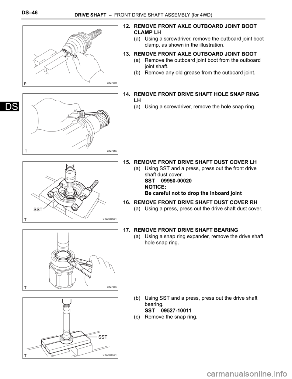TOYOTA RAV4 2006  Service Repair Manual DS–46DRIVE SHAFT  –  FRONT DRIVE SHAFT ASSEMBLY (for 4WD)
DS
12. REMOVE FRONT AXLE OUTBOARD JOINT BOOT 
CLAMP LH
(a) Using a screwdriver, remove the outboard joint boot 
clamp, as shown in the ill