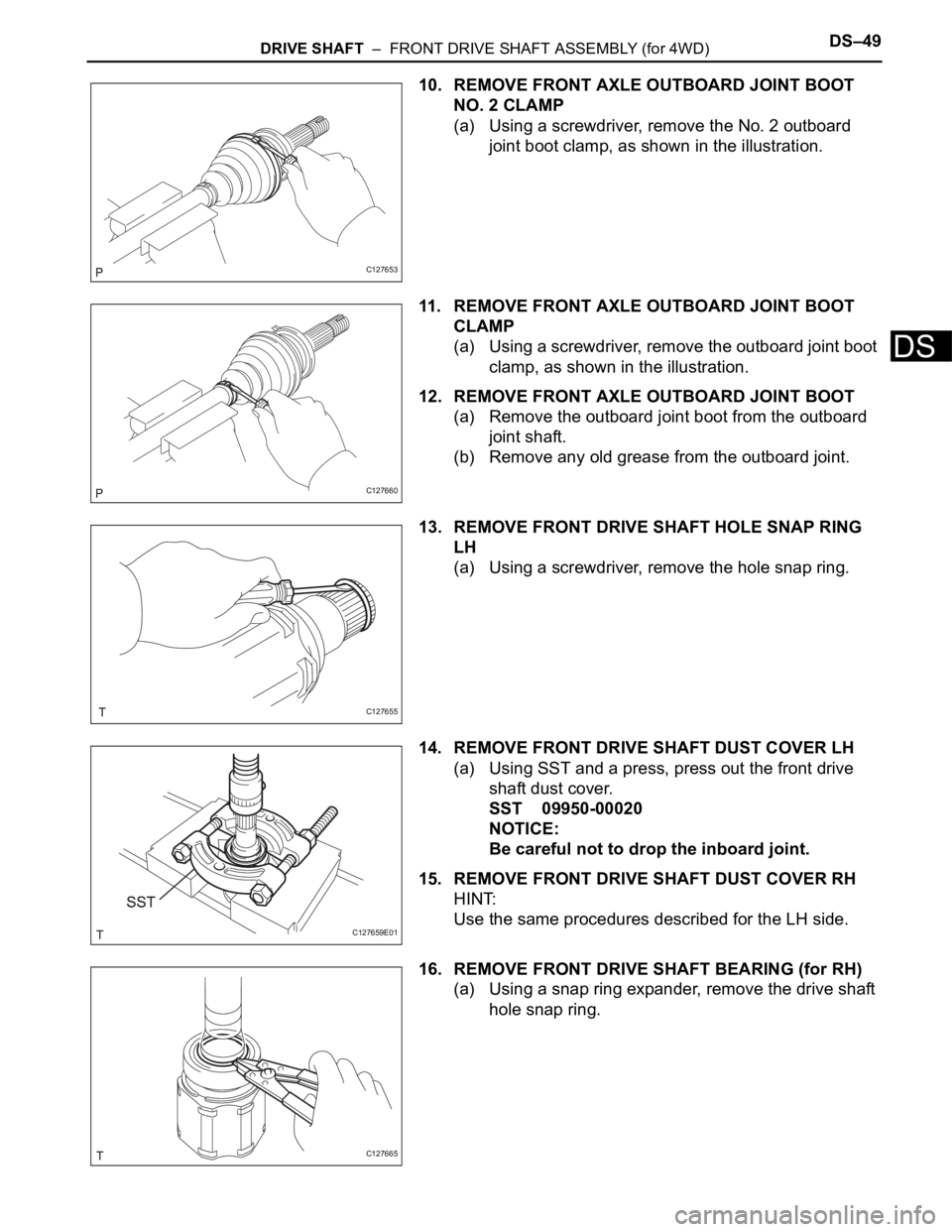 TOYOTA RAV4 2006  Service Repair Manual DRIVE SHAFT  –  FRONT DRIVE SHAFT ASSEMBLY (for 4WD)DS–49
DS
10. REMOVE FRONT AXLE OUTBOARD JOINT BOOT 
NO. 2 CLAMP
(a) Using a screwdriver, remove the No. 2 outboard 
joint boot clamp, as shown i
