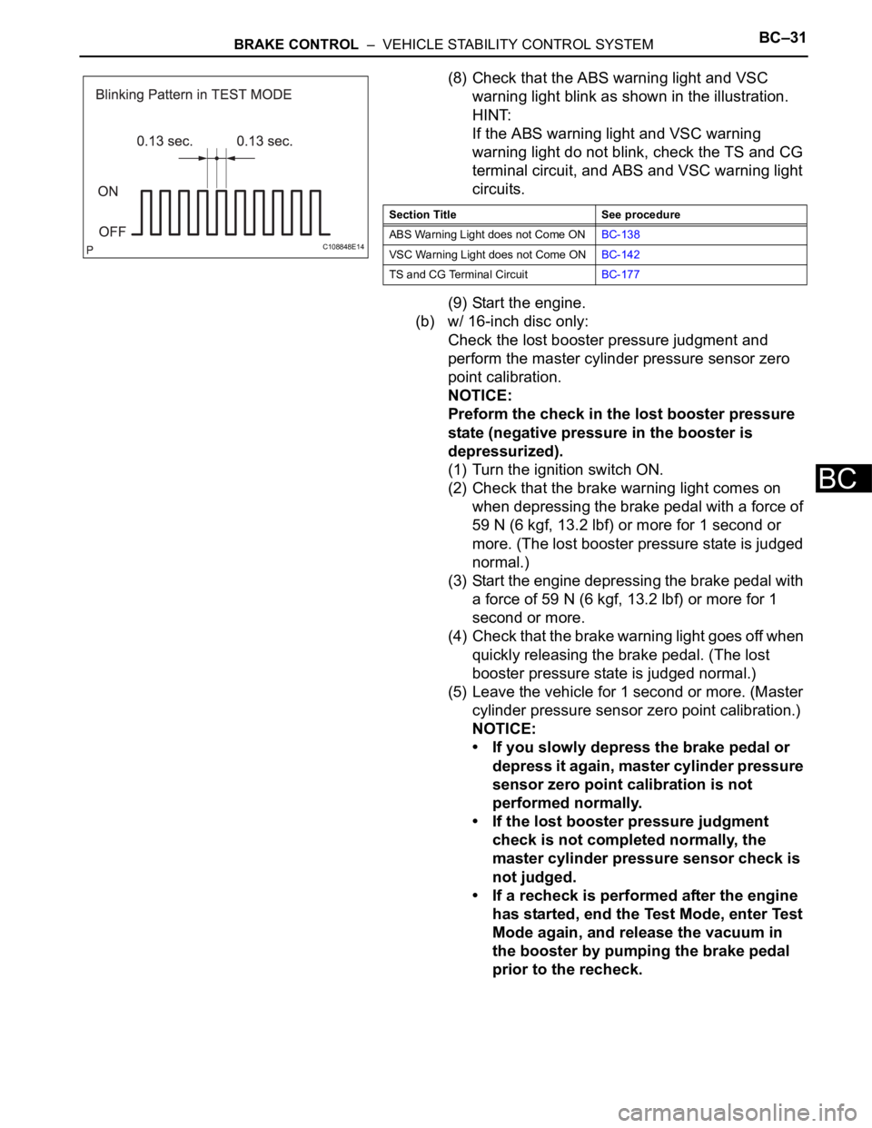 TOYOTA RAV4 2006  Service Repair Manual BRAKE CONTROL  –  VEHICLE STABILITY CONTROL SYSTEMBC–31
BC
(8) Check that the ABS warning light and VSC 
warning light blink as shown in the illustration.
HINT:
If the ABS warning light and VSC wa