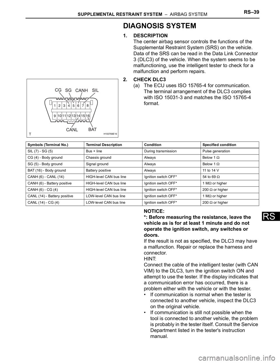 TOYOTA RAV4 2006  Service Repair Manual SUPPLEMENTAL RESTRAINT SYSTEM  –  AIRBAG SYSTEMRS–39
RS
DIAGNOSIS SYSTEM
1. DESCRIPTION
The center airbag sensor controls the functions of the 
Supplemental Restraint System (SRS) on the vehicle. 